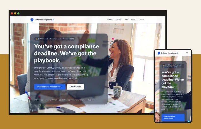The DefenseCompliance.ai website on a laptop and a phone