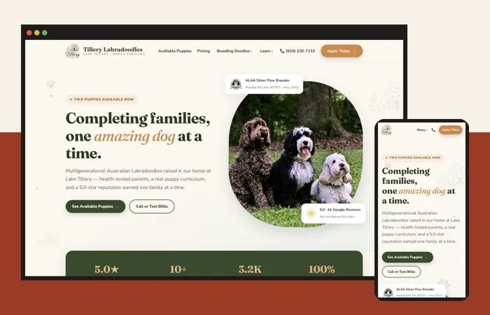The Tillery Labradoodles website on a laptop and a phone